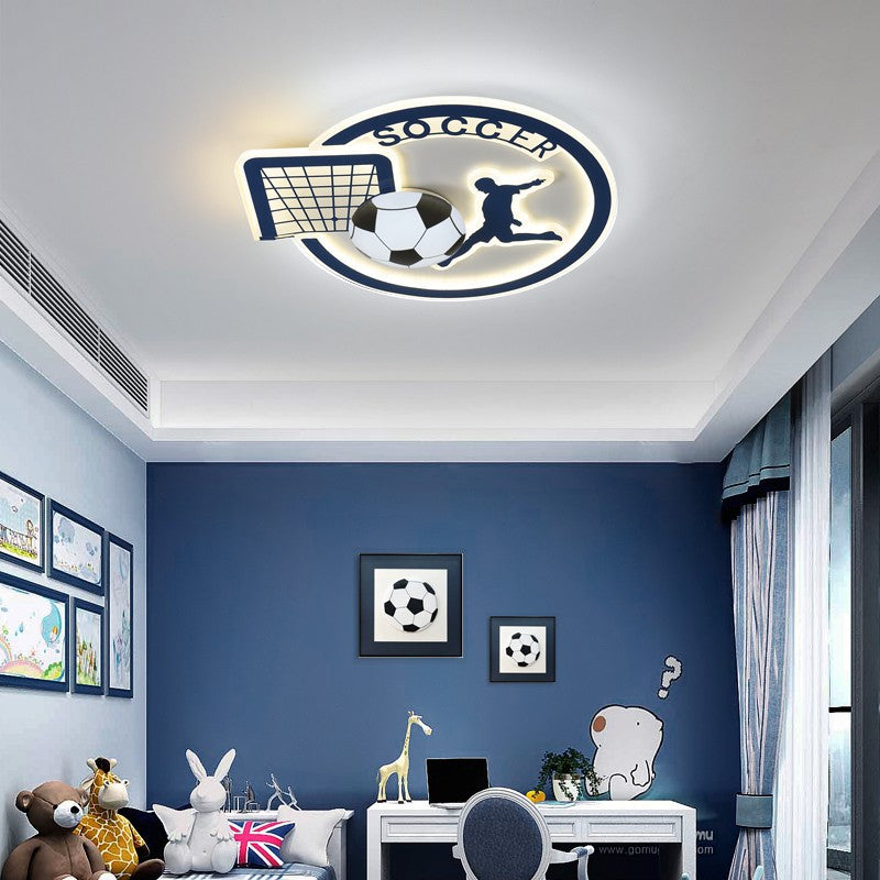 Contemporary Creative Kids Round Basketball Football Iron Acrylic LED Flush Mount Ceiling Light For Bedroom