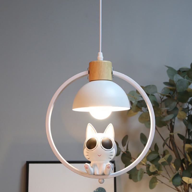 Contemporary Nordic Wood Iron Resin Round Cartoon Cat 1-Light Pendant Light For Bedside