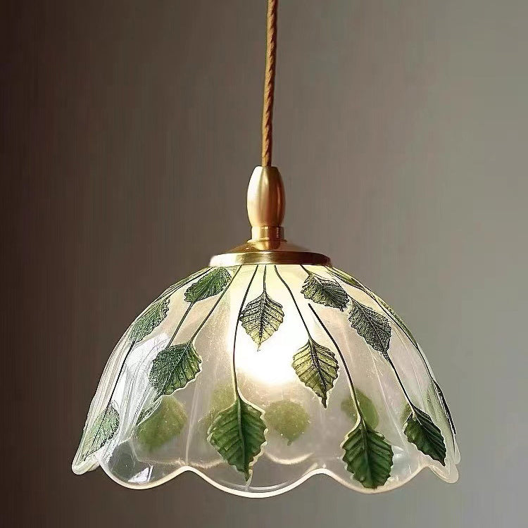 Traditional Vintage Round Leaf Copper Glass 1-Light Pendant Light For Living Room