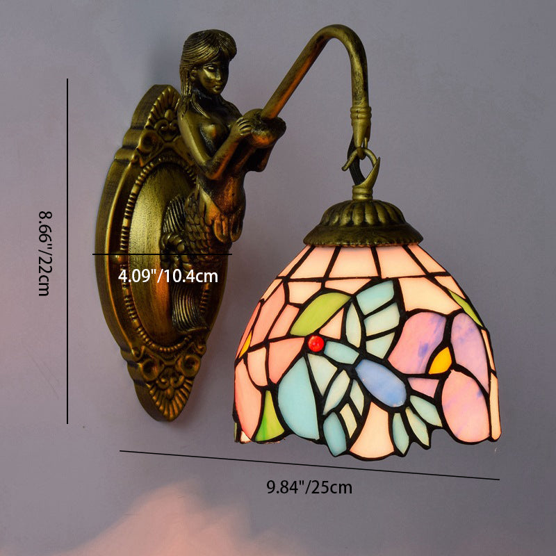 Traditional Tiffany Stained Glass Floral Shade Mermaid Hardware Lamp Arm 1-Light Wall Sconce Lamp For Living Room