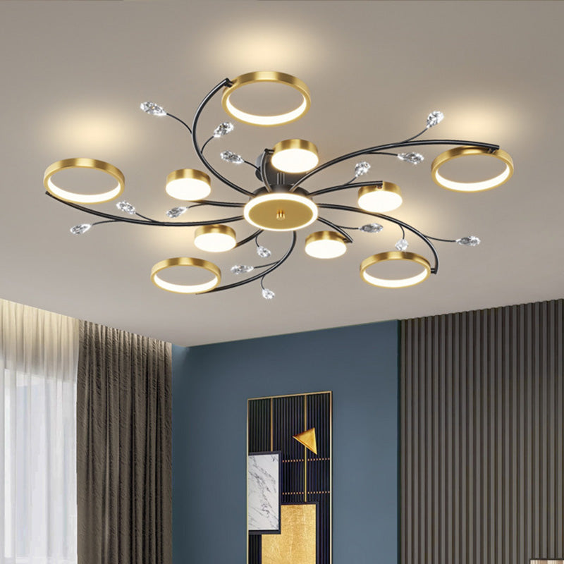 Modern Luxury Branch Round Hardware Iron Acrylic Crystal Silicone LED Semi-Flush Mount Ceiling Light For Living Room