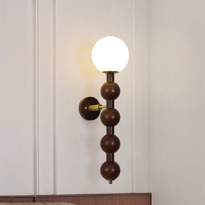 Traditional Vintage Cylinder Round Bead Wood Glass Metal 1-Light Wall Sconce Lamp For Living Room