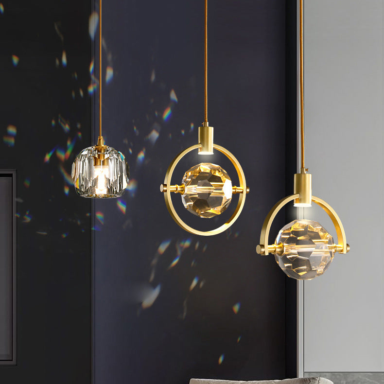 Modern Luxury Full Copper Circle Ring Crystal Ball LED Pendant Light For Living Room