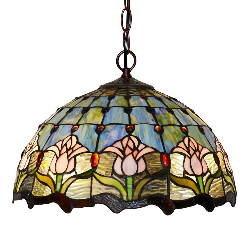 Traditional Tiffany Pastoral Tulip Stained Glass Dome 2-Light Chandelier For Dining Room