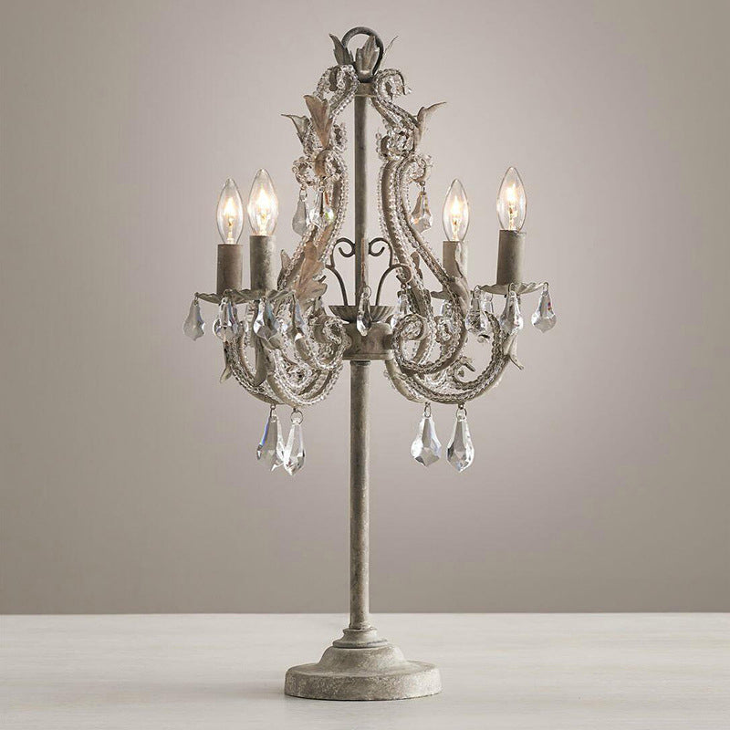 Contemporary Boho Distressed White Hardware Candelabra Design Crystal Bead 4-Light Table Lamp For Bedroom