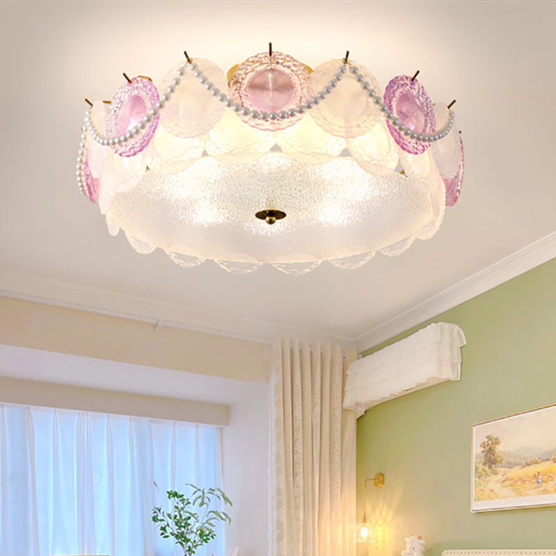 Traditional French Shell Textured Glass Round Shade Pearl Decor 5/8-Light Semi-Flush Mount Ceiling Light For Living Room