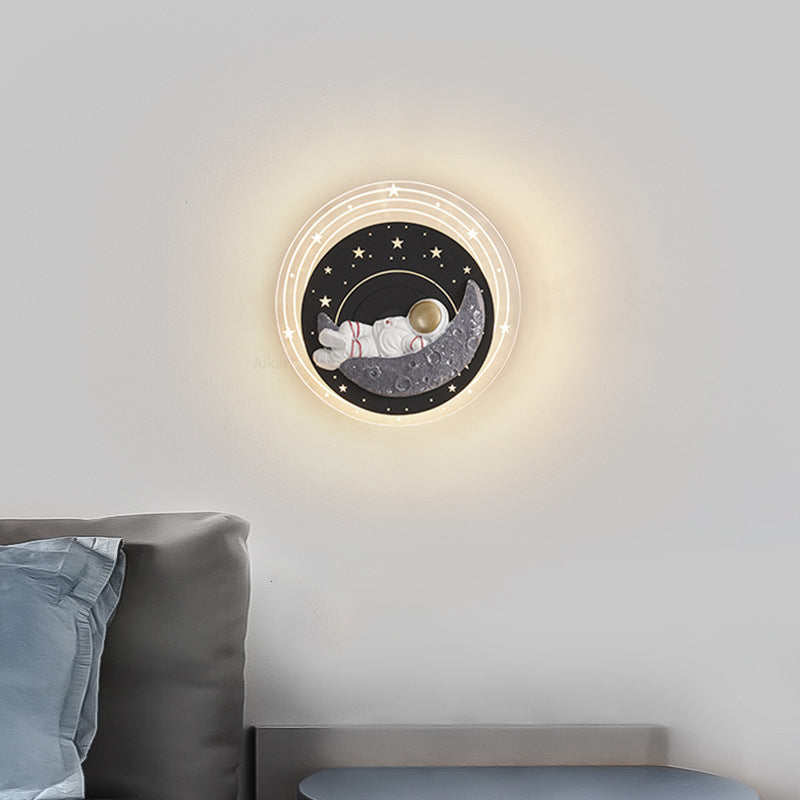 Contemporary Creative Starry Sky Moon Resin Astronaut Round LED Wall Sconce Lamp For Living Room