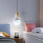 Contemporary Nordic Kids Orb Astronaut Iron Resin 1-Light Pendant Light For Bedroom