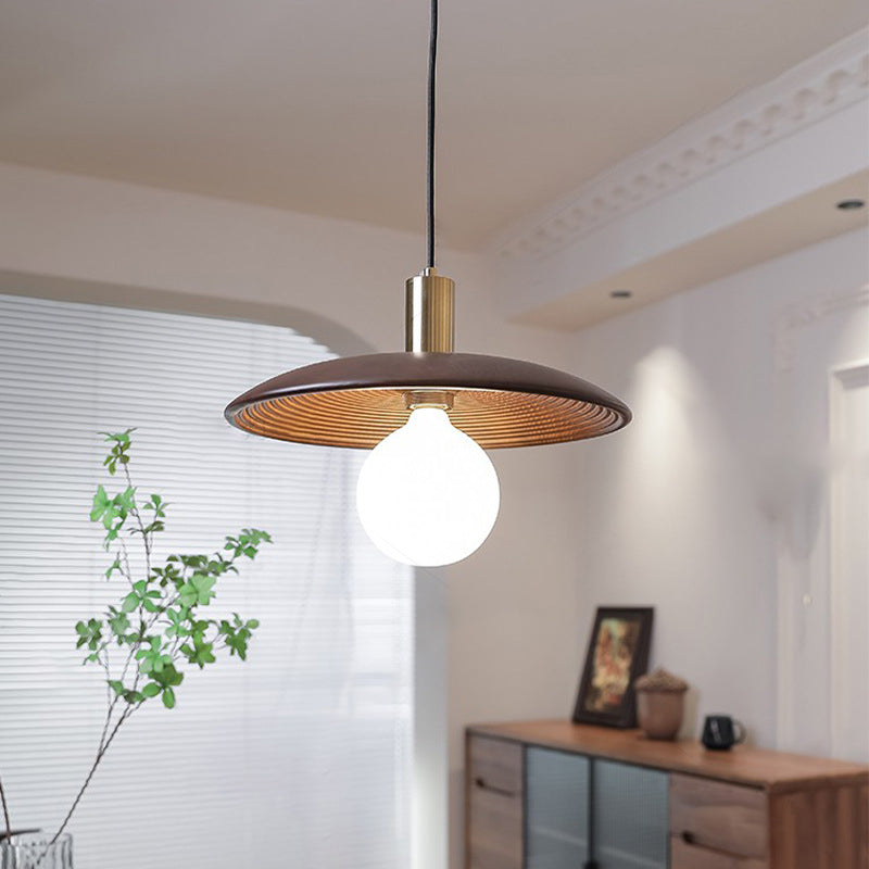 Traditional Japanese Wooden Flying Saucer Shape Hardware 1-Light Pendant Light For Living Room