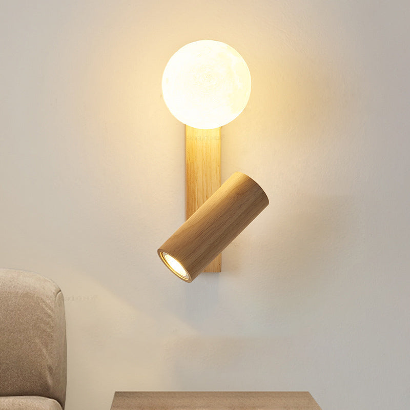 Contemporary Scandinavian Rectangular Orb Cylinder Wood PE LED Wall Sconce Lamp For Bedroom