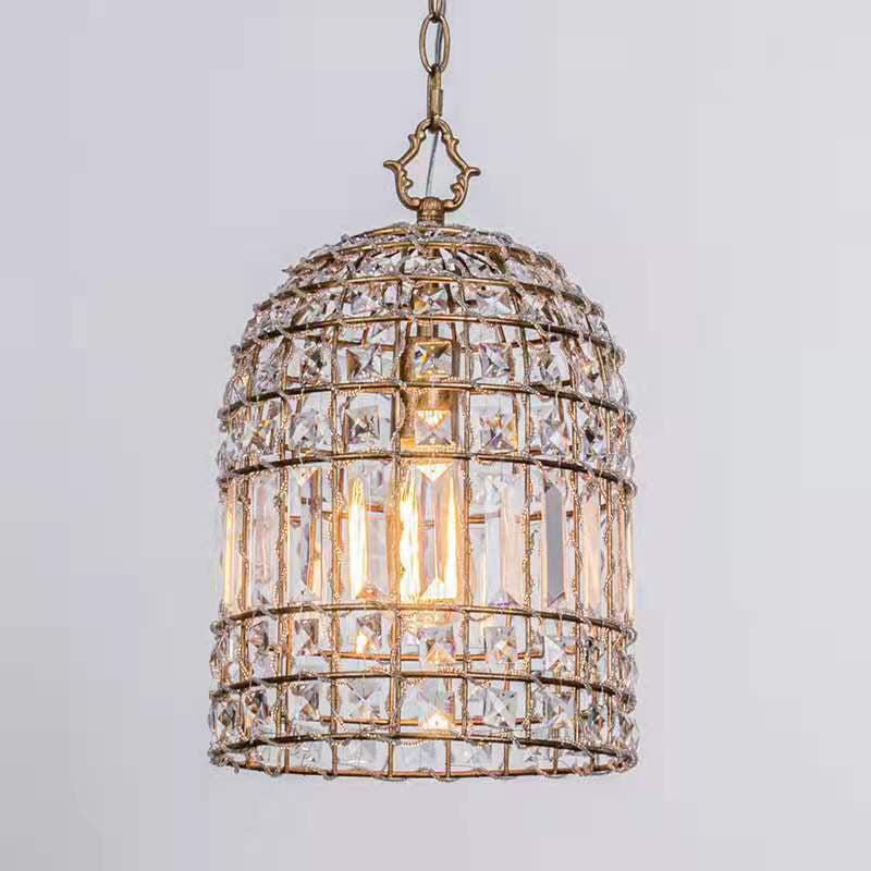 Traditional Vintage Birdcage Grid Iron Crystal 1-Light Chandelier For Bedroom