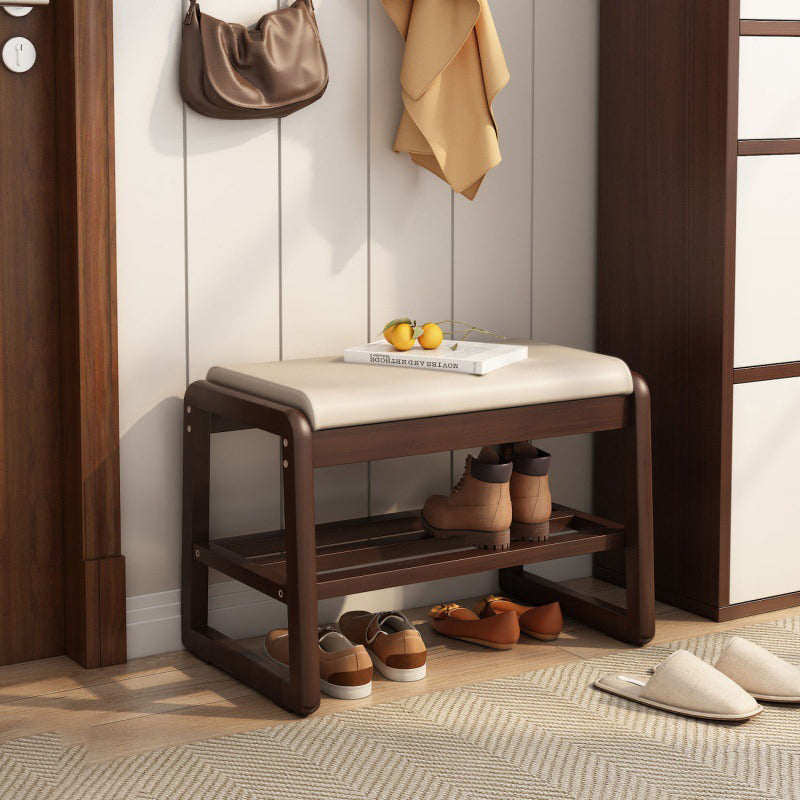 Modern Minimalist Rectangular Solid Wood Leather Shoe Storage Benches For Entryways