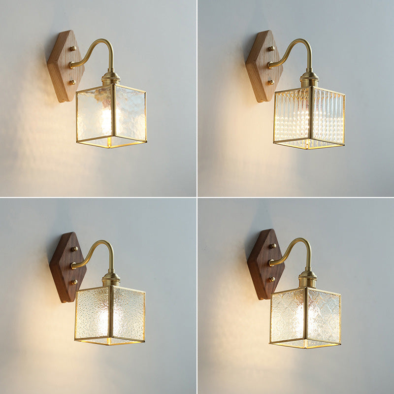 Traditional Vintage Square Copper Glass Wood 1-Light Wall Sconce Lamp For Bedroom