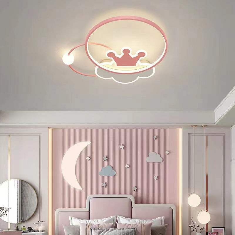 Contemporary Nordic Kids Iron Acrylic Circle Round Crown Cloud LED Flush Mount Ceiling Light For Bedroom