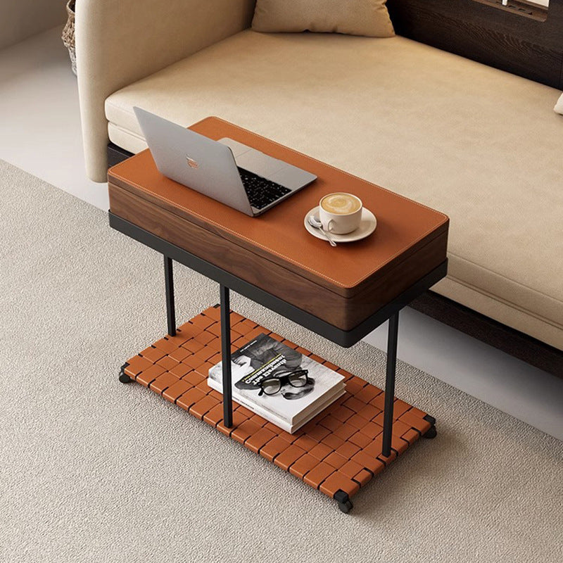 Modern Minimalist Removable Rectangular Iron Leather Solid Wood End Table 1-Storage For Living Room