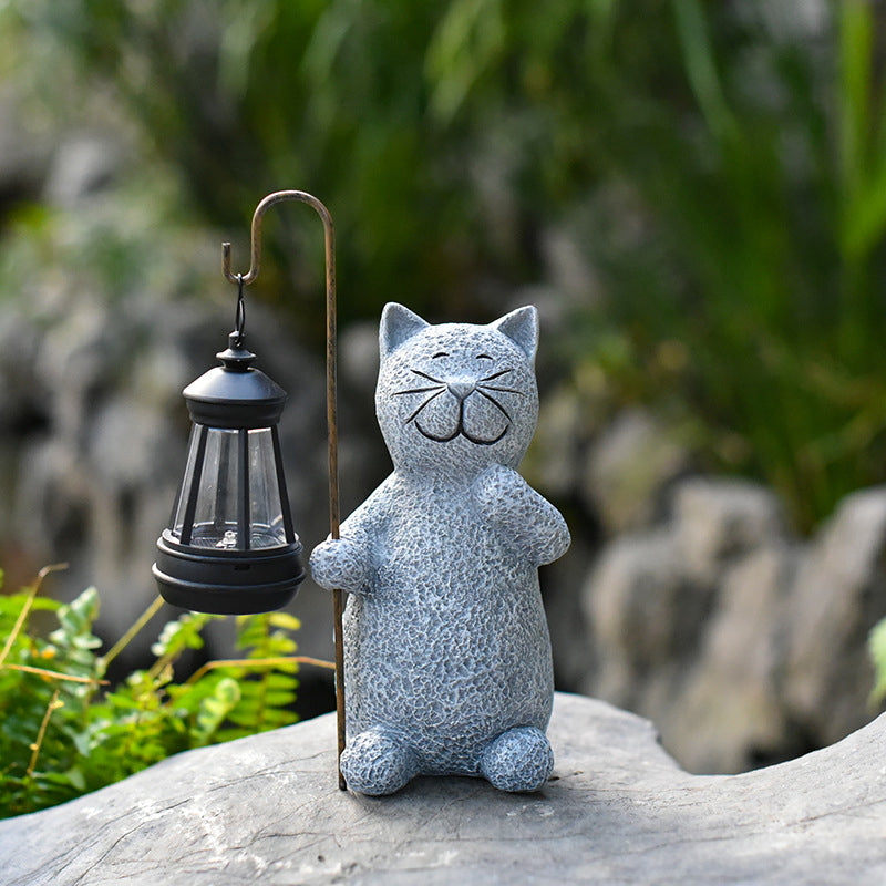 Contemporary Creative Solar Kitten Carry Lantern Resin Plastic LED Outdoor Light For Garden