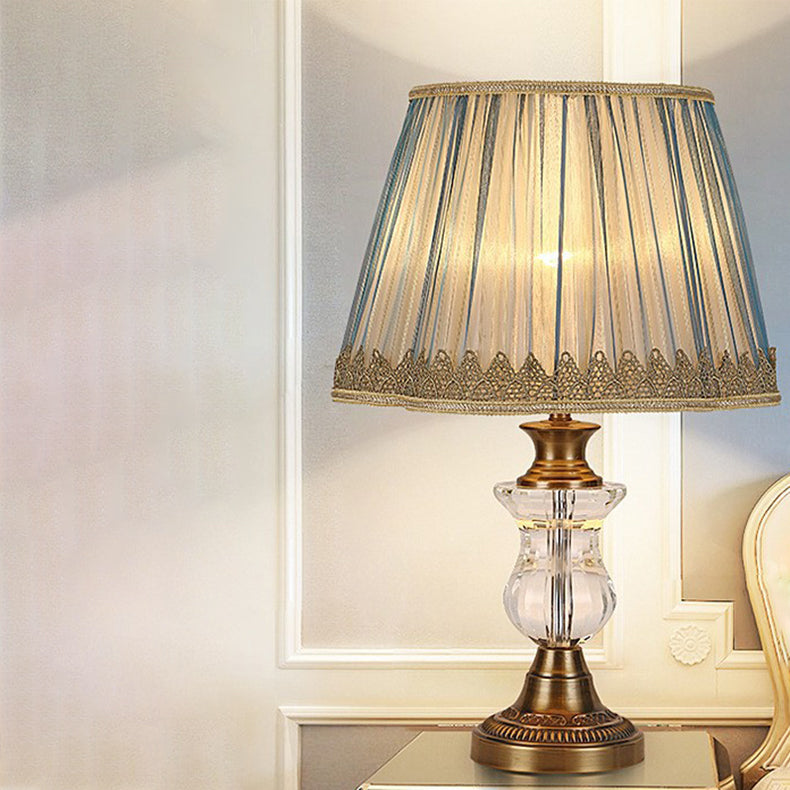 Traditional European Cylinder Hardware Crystal Fabric 1-Light Table Lamp For Bedroom