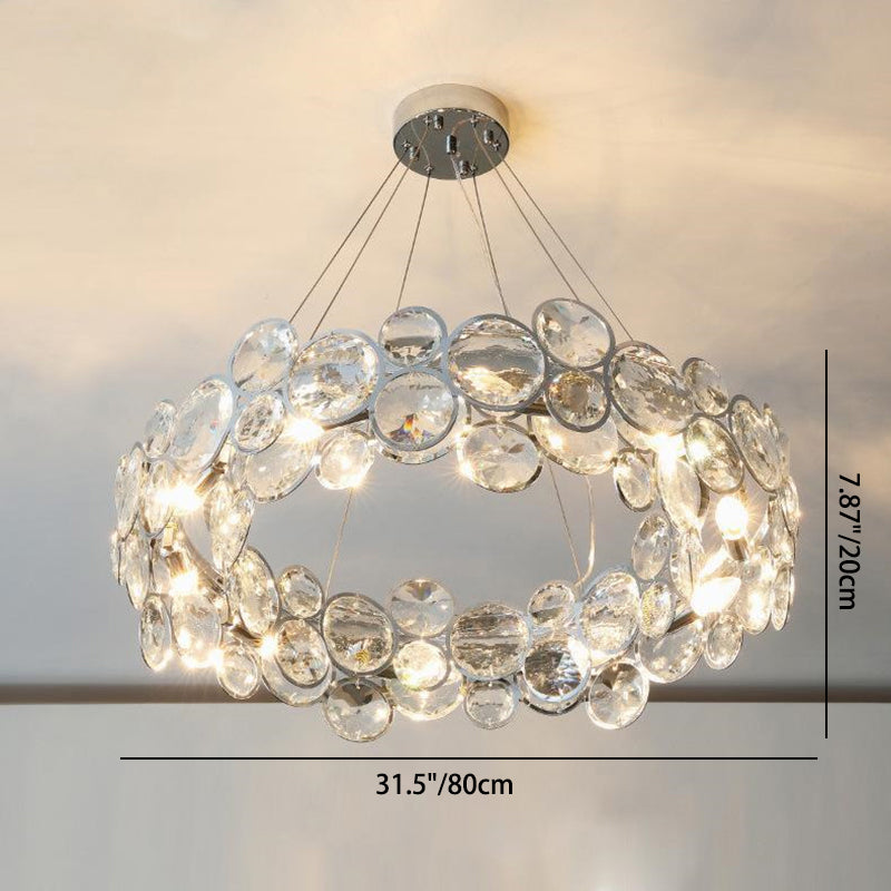 Modern Luxury Tiered Crystal Disc Round Shade Stainless Steel 8/12-Light Chandelier For Living Room