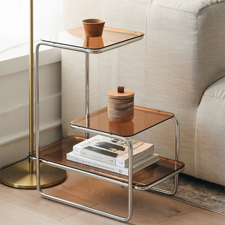 Modern Minimalist Triple Square Stainless Steel Glass End Table For Living Room