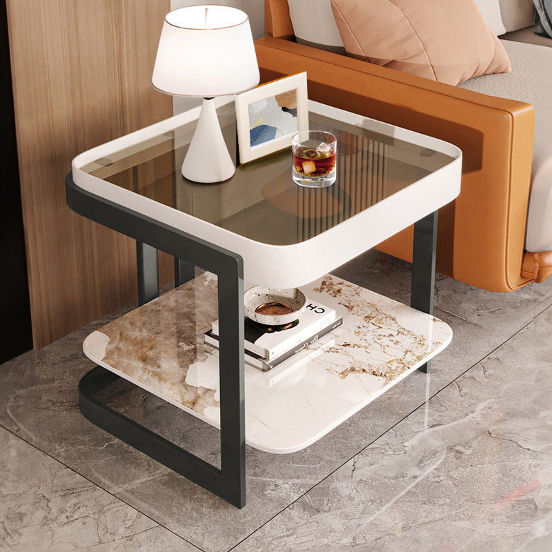 Modern Luxury Square Glass Rock Slab Iron Coffee Table 2-Tier For Living Room