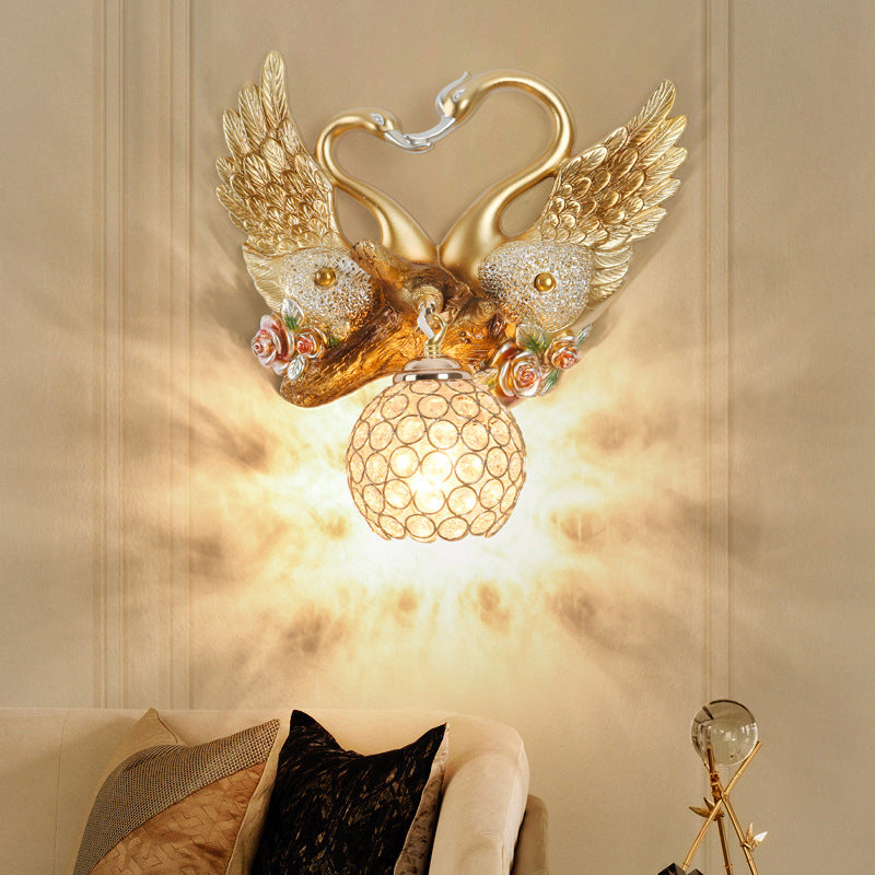 Modern Art Deco Resin Iron Crystal Couple Swan Ball 1-Light Wall Sconce Lamp For Living Room