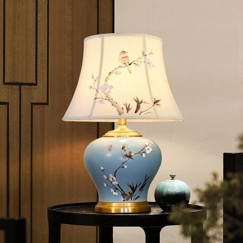 Traditional Chinese Plum Blossom Cylindrical Copper Ceramic Fabric 1-Light Table Lamp For Bedroom