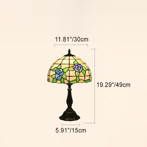 Traditional Tiffany Round Dome Flower Zinc Alloy Base Stained Glass 1-Light Table Lamp For Bedroom