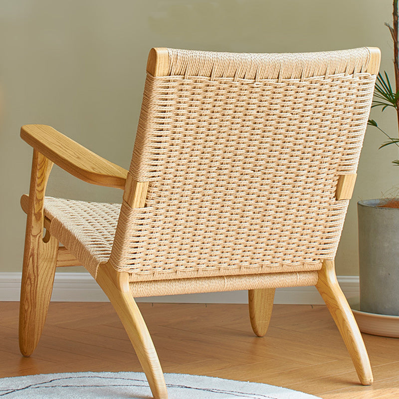 Contemporary Scandinavian Rectangular Wood Rattan Chair Backrest Armrest For Living Room