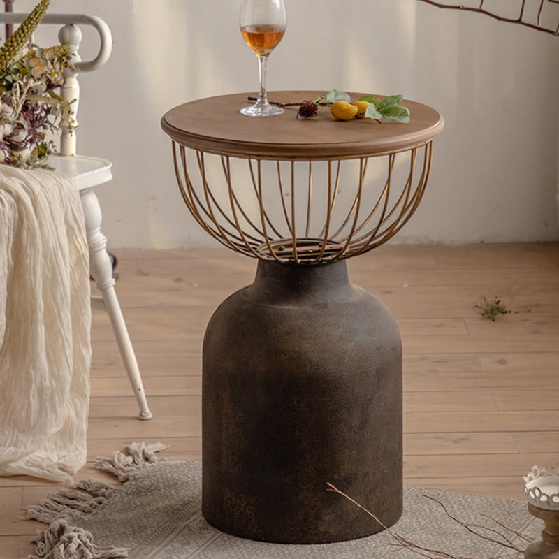 Traditional Vintage Round Half Column Wood Metal Coffee Table 1-Tier For Living Room