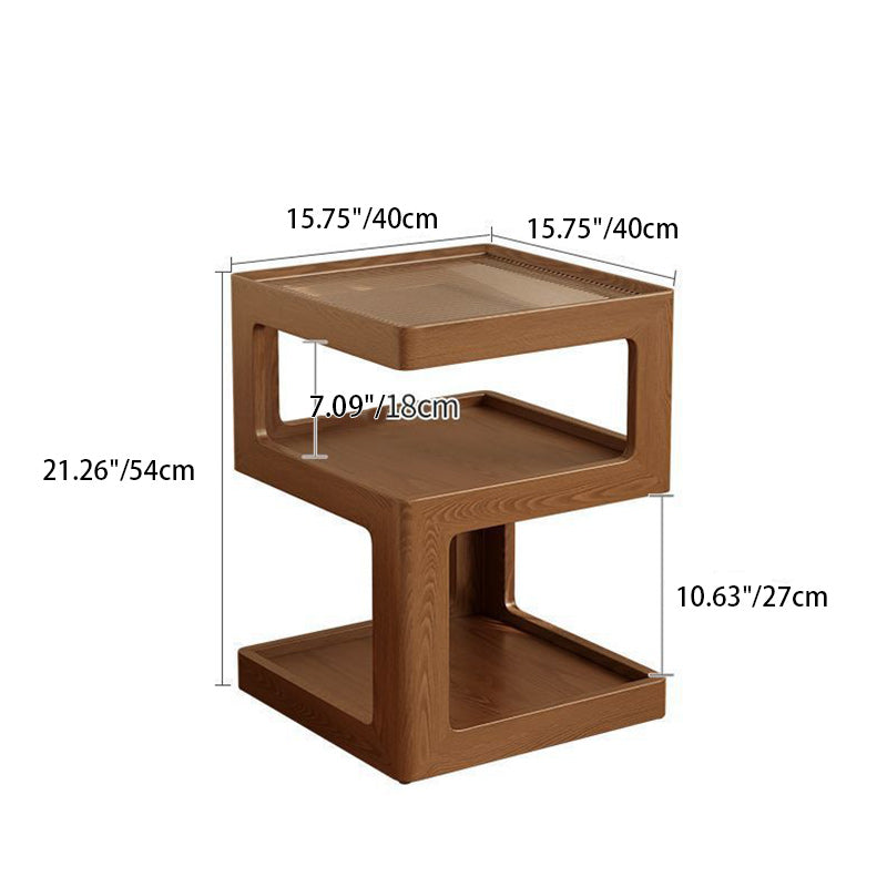 Modern Minimalist Square Rubberwood Glass Nightstand 2-Shelf For Bedroom