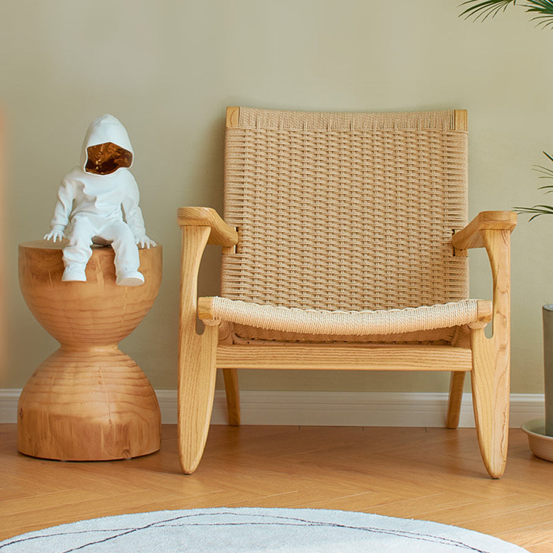 Contemporary Scandinavian Rectangular Wood Rattan Chair Backrest Armrest For Living Room