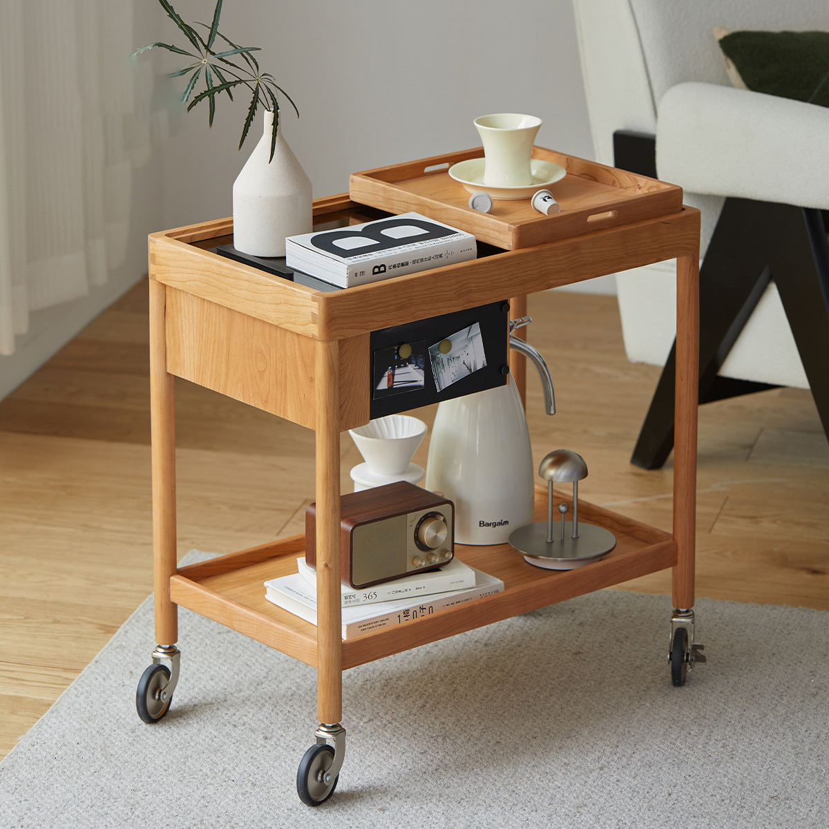 Contemporary Scandinavian Rectangular Wood Glass Coffee Table 2-Tier For Living Room