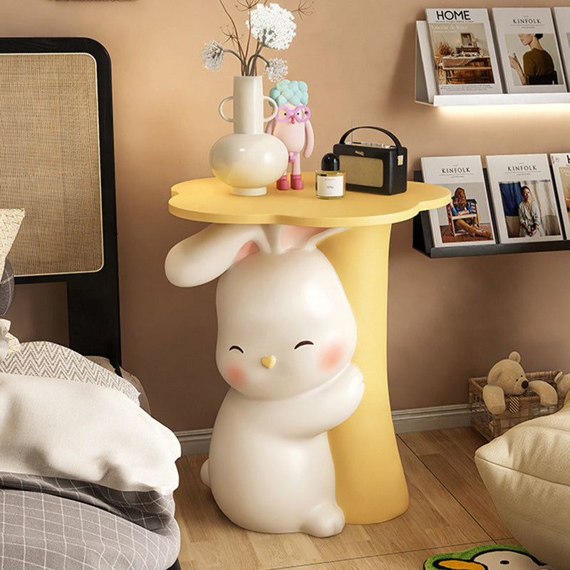 Contemporary Creative Kids Flower Rabbit Resin Wood End Table 1-Tray For Bedroom