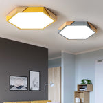 Contemporary Scandinavian Hexagonal Wood Grain Iron LED Flush Mount Ceiling Light For Bedroom