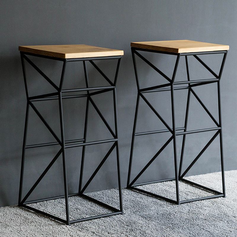 Contemporary Industrial Iron Wood Geometric Frame Square Bar Stool Footrest For Dining Room