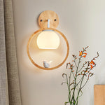 Contemporary Scandinavian Round Bird Wood Glass 1-Light Wall Sconce Lamp For Bedroom