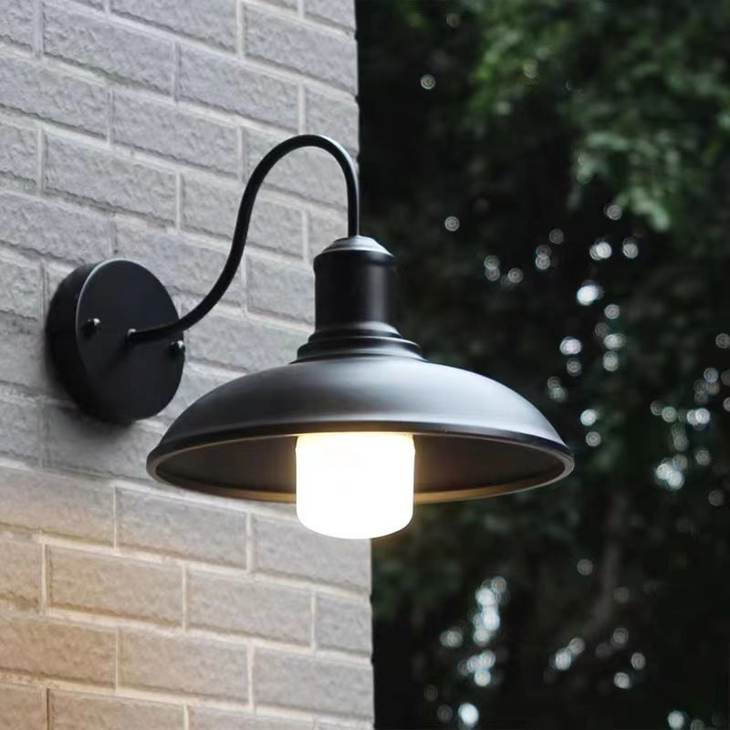 Contemporary Industrial Curved Pole Round Pot Lid Iron 1-Light Wall Sconce Lamp For Outdoor Patio