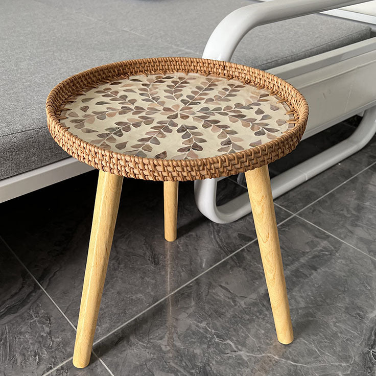 Traditional Rustic Handmade Shell Round Wood Rattan Side Table For Living Room