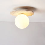 Traditional Japanese Yellow Travertine Spherical Glass Shade 1-Light Semi-Flush Mount Ceiling Light For Living Room