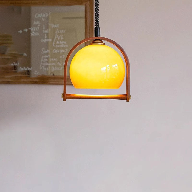 Traditional Japanese Telescopic Wood Amber Round Glass 1-Light Pendant Light For Dining Room