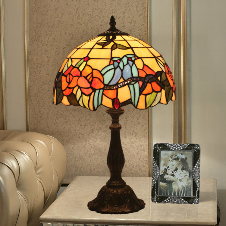 Traditional Tiffany Stained Glass Rose Flower Parrot Dome 1-Light Table Lamp For Bedroom