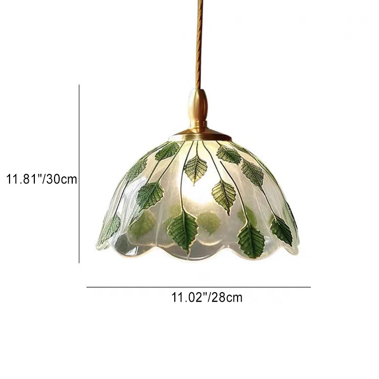 Traditional Vintage Round Leaf Copper Glass 1-Light Pendant Light For Living Room