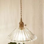 Traditional Vintage Round Cone Brass Glass 1-Light Pendant Light For Living Room