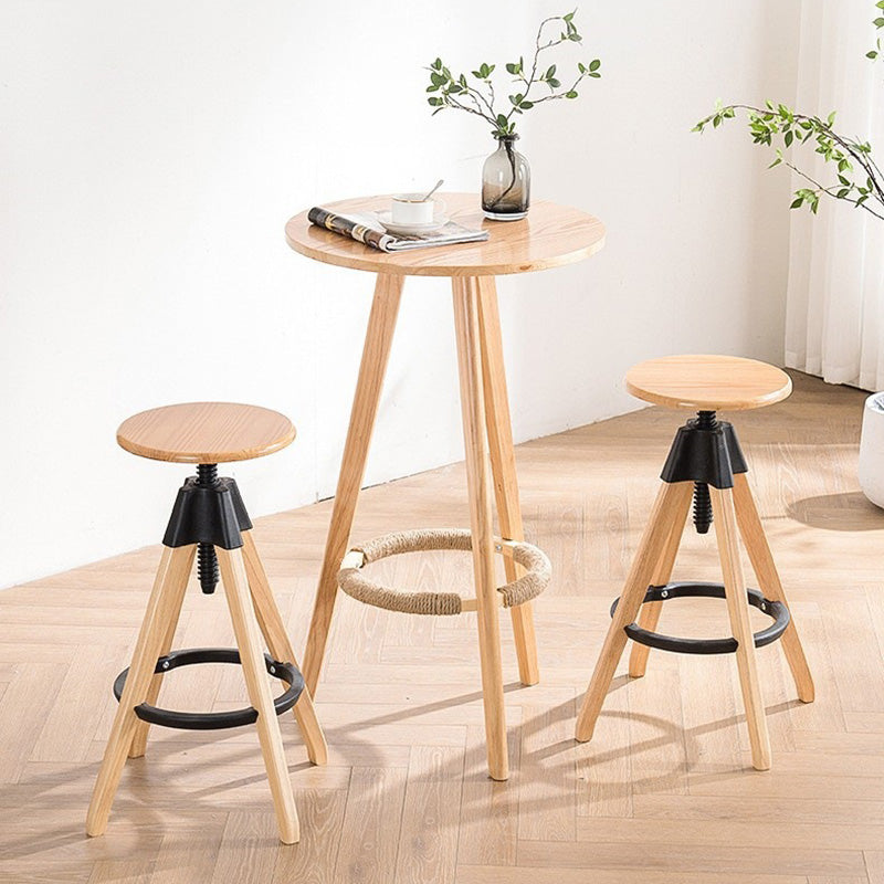 Traditional Vintage Solid Wood Round Nylon Threaded Rod Counter Stool Height Adjustable Swivel  Footrest For Kitchen