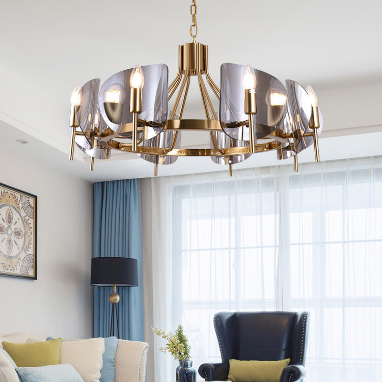 Modern Luxury Golden Finished Framed Curved Glass Panel 6/8-Light Chandelier For Dining Room