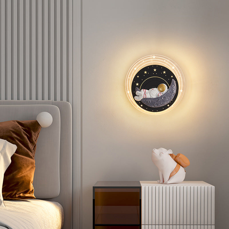 Contemporary Creative Starry Sky Moon Resin Astronaut Round LED Wall Sconce Lamp For Living Room