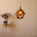 Traditional Vintage Polygonal Brass Glass 1-Light Pendant Light For Living Room