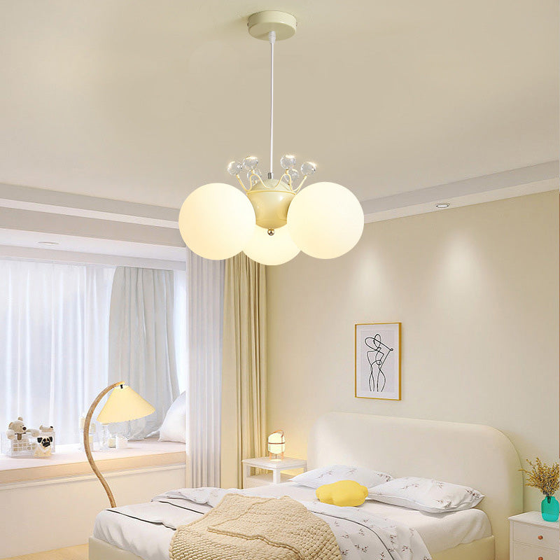 Contemporary Creative Cream Hardware Crystal Decor PE Round Shade 3-Light Kids Chandelier For Living Room