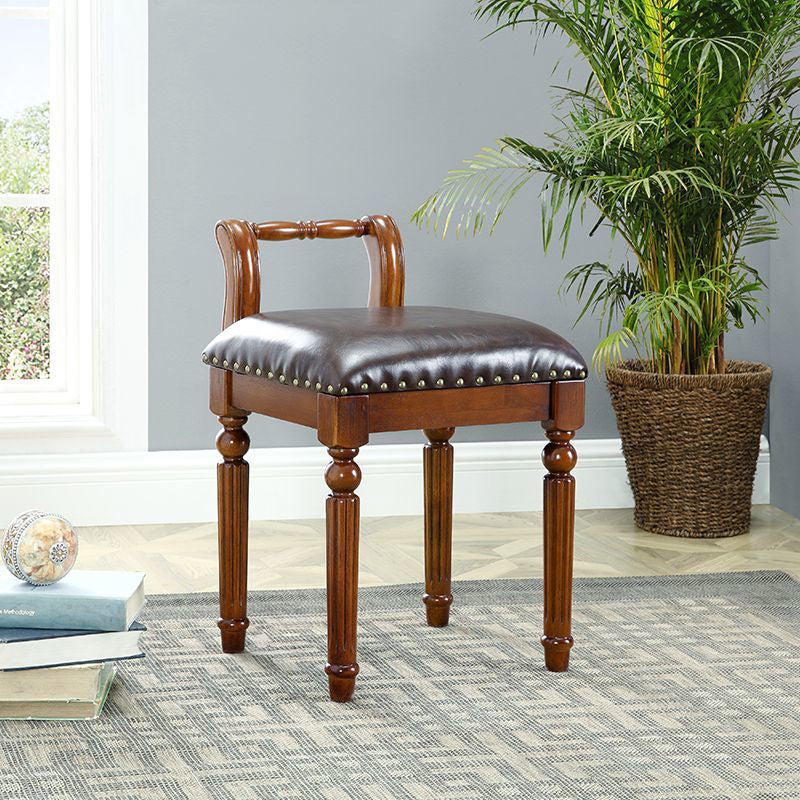 Traditional European Square Tufted Leather Upholstered Vanity Stool Low Back For Bedroom