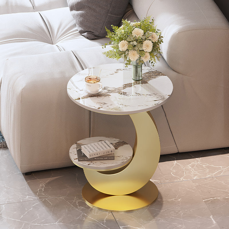 Modern Minimalist Round Iron Slate Coffee Table Two Tier For Living Room